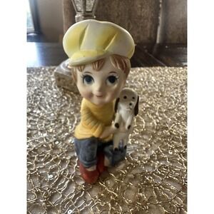 Vintage Korea Boy With Dog Ceramic Figurine Yellow Hat Red Shoes Decor Kitsch